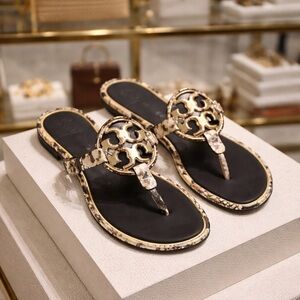 Tory Burch Black and Gold Women's Sandals Snakeskin